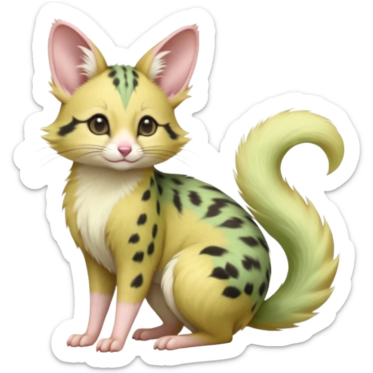 Pastel green pastel lime color golden yellow beige, soft natural realistic divine beautiful elegant pretty precious cute young youthful  Fakémon-Pokémon-opossum-feline-mouse-serval-caracal-chinchilla-Minccino-Cinccino-Meowstic-rodent-hybrid-creature with a big fluffy bushy tail (full body) sticker