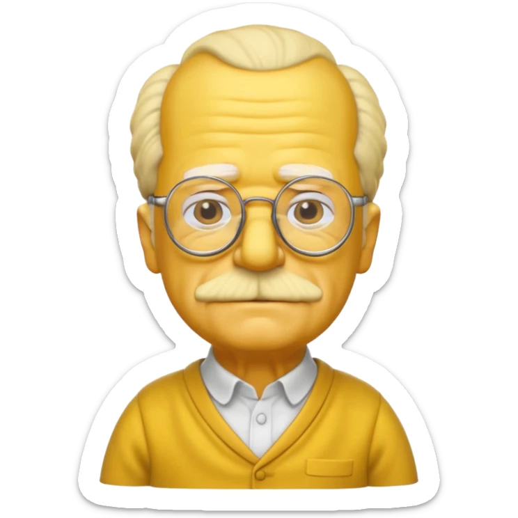 A 3D cartoon close-up of Grandpa Abe Simpson from The Simpsons, rendered in Memoji-style with bald yellow head, white tufts of hair on the sides, wrinkled face, glasses, and warm lighting. Match the Simpsons family color tone and style, yellow dress. sticker