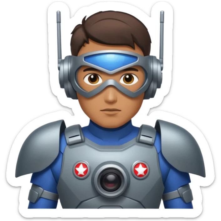 Un photographe homme high tech, une armure de terrain à la super héro. Il a des appareils photos, des caméras embarquées et un drone  sticker