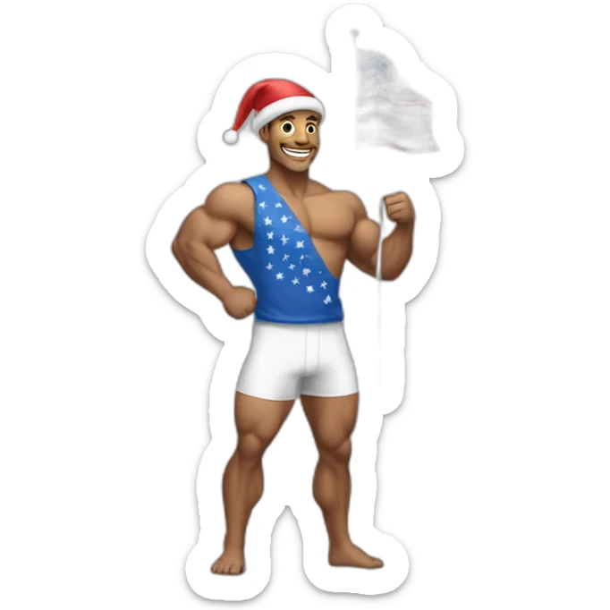 Create a full-body emoji of a muscular man, wearing a New Year's hat and holding a generic celebratory flag. sticker