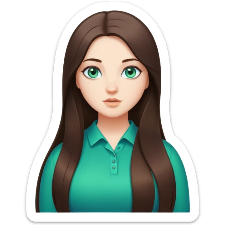 Curvy but beautiful brunette girl, blue/green eyes, pin straight super long hair, saturated details sticker