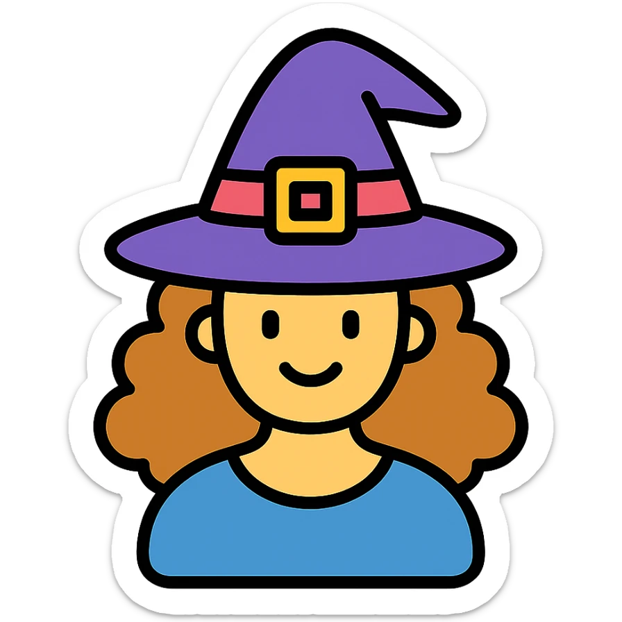 color outline icon of a witch with caramel brown curly hair sticker
