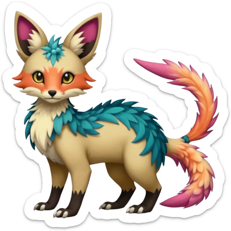 Beautiful pretty cool edgy elegant realistic Feral Rare Fantasy colorful vibrant Vernid-Trico-species-Fakemon-creature by LiLaiRa, random markings, tufted tail, tufted ears, full body sticker