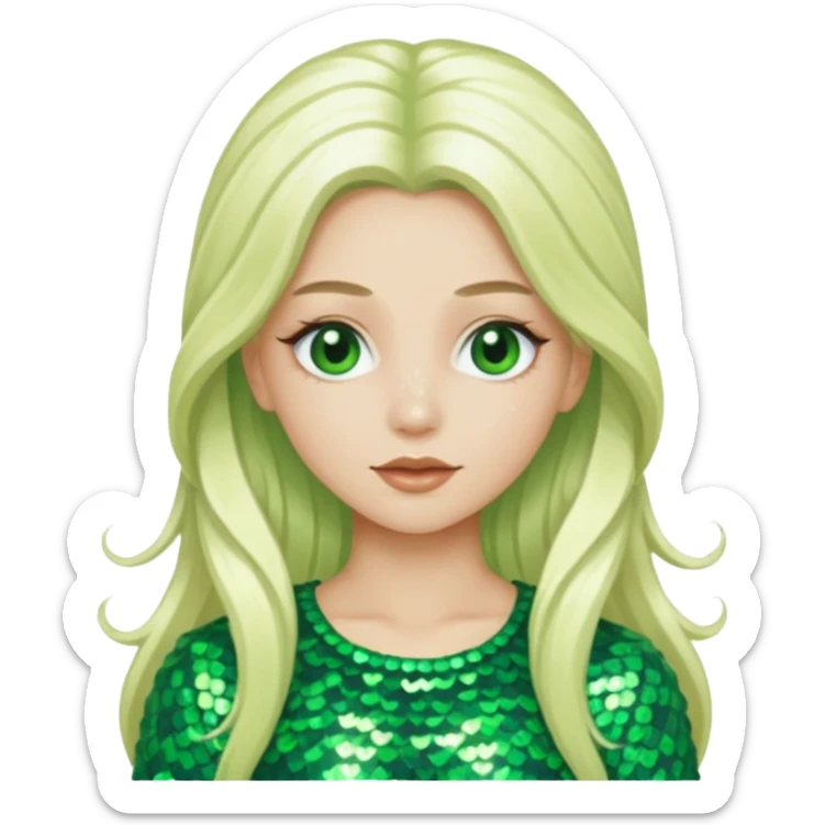 Ozma from the Wizard of Oz with long platinum blonde hair, green sequin outfit sticker