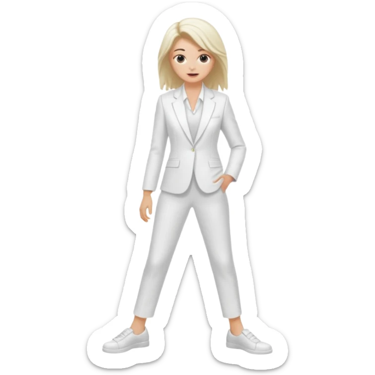 Chica blanca, traje pantalón blanco, zapatos blancos, pelo recogido con mechones sueltos, cuerpo entero sticker