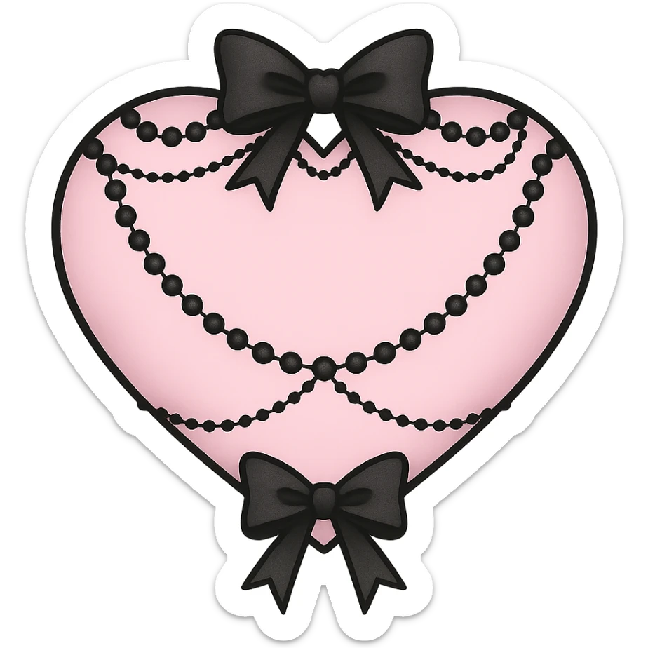 pastel goth heart with black bows and pearls, soft pink and black, cute gothic style, remove background sticker