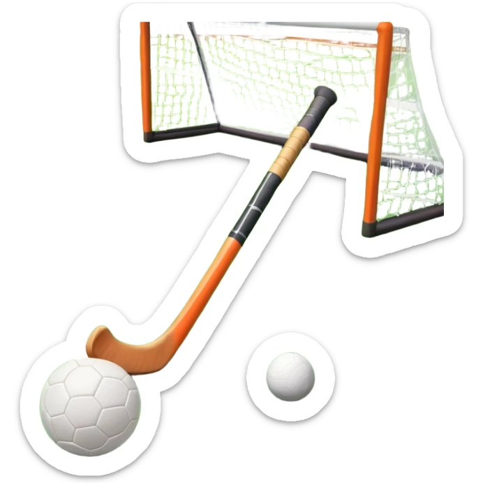 A field hockey stick and ball positioned on a vibrant green grass field, with the goalposts and clear field markings in the background. The scene highlights the lush, well-maintained turf, emphasizing the speed and precision of the sport in an energizing outdoor setting. sticker
