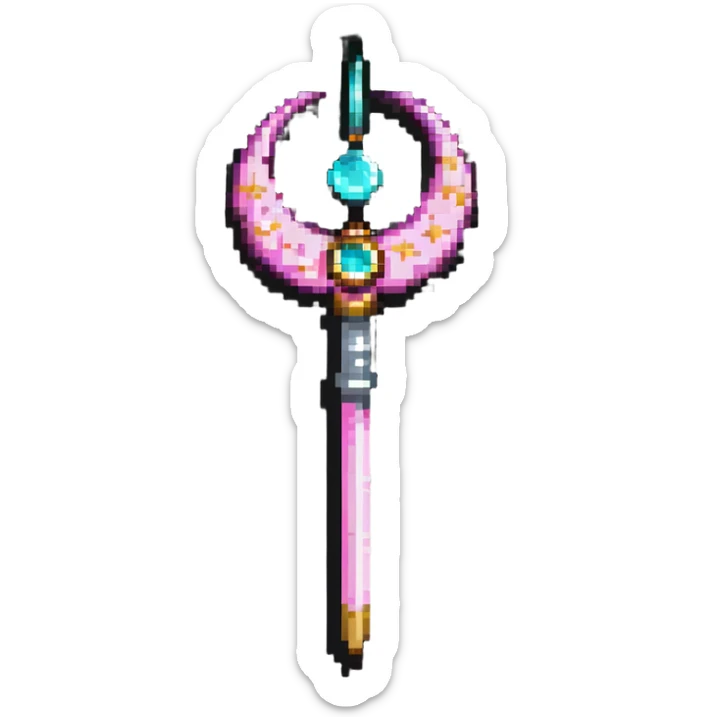 Sailor Moon's Crescent Moon Stick, a pink wand with a gold crescent moon on top and a circular silver gem in the center sticker