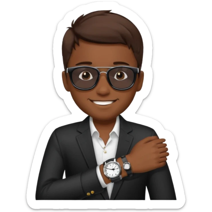 Un niño con pelo lacio color castaño,con lentes de sol negros y un reloj en la muñeca sticker