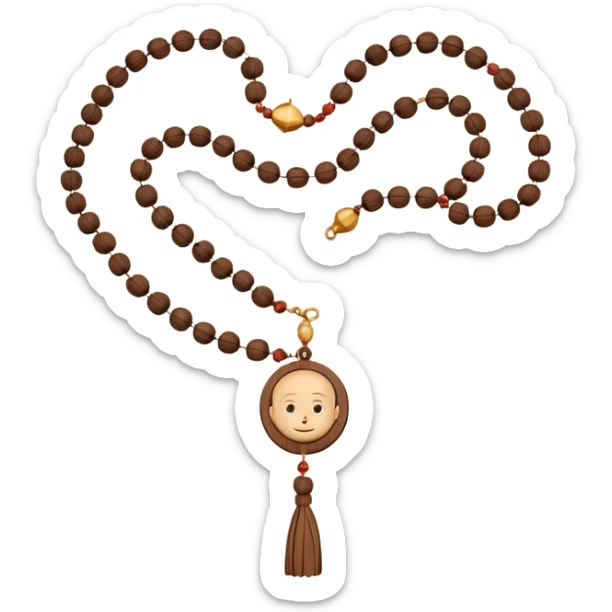 monk necklace object icon, wooden prayer beads with simple pendant, spiritual minimal design, natural wood texture, subtle sacred aura, 3D cartoon style, mobile game icon style, centered, clean background, no text, no watermark
 sticker