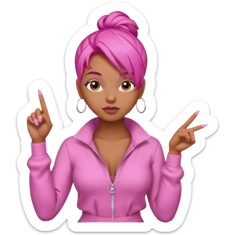 Brownskin girl , pink hair , edges ,  sassy looking pointing at the sky while pouting, pink nails, hair a slick back bun, with a pink jumpsuit  sticker