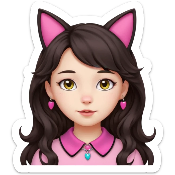 Make the girl's hair long, dark, and wavy (curled), not short or tightly curled. Keep the cat ears (no headband) and the cute pink or silver collar. Maintain the apple emoji style with a transparent background. sticker