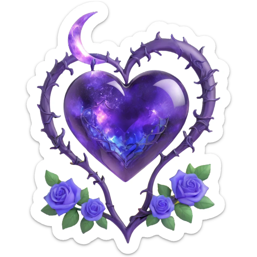 gothic heart made of smoky amethyst glass, silver crescent moon, indigo roses, holographic stardust, neon violet lightning, drenched and splintered glass sticker