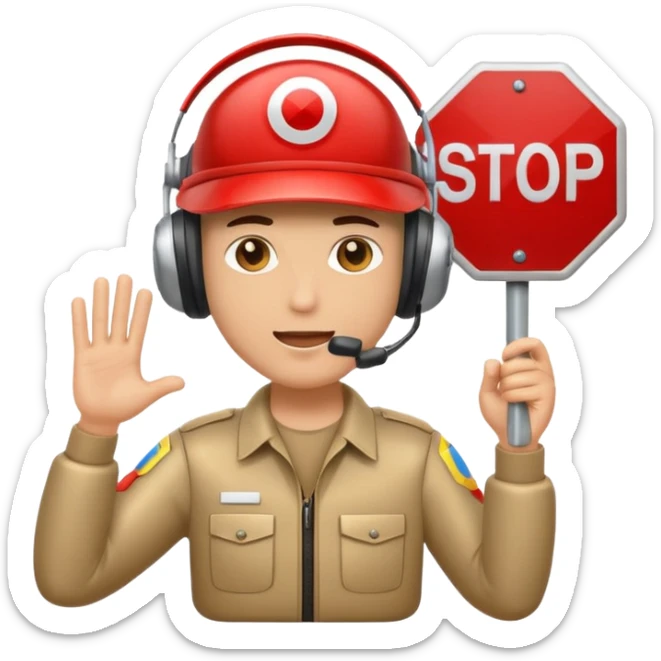 cartoon AI email bouncer with a visor and headset holding a stop sign blocking flying emails emoji sticker