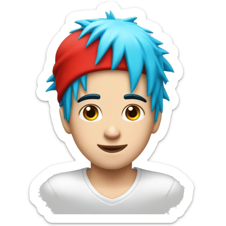 a white kid with cyan blue spiky hair with a red hat and a white shirt with a red circle in the middle and in the circle theres a red tilted line in it sticker