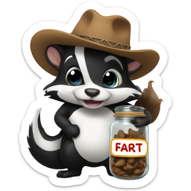 Skunk hugging a jar of fart and wearing cowboy hat sticker