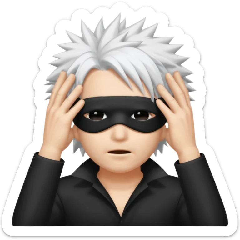 a person with a blinfold covering their eyes and spiky white hair sticker