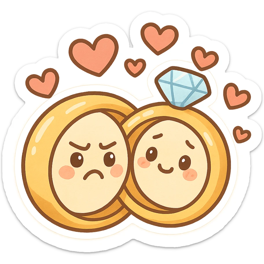 pair of wedding rings with faces, one looking frustrated and the other apologetic, both surrounded by hearts, funny and sweet for wedding stickers sticker