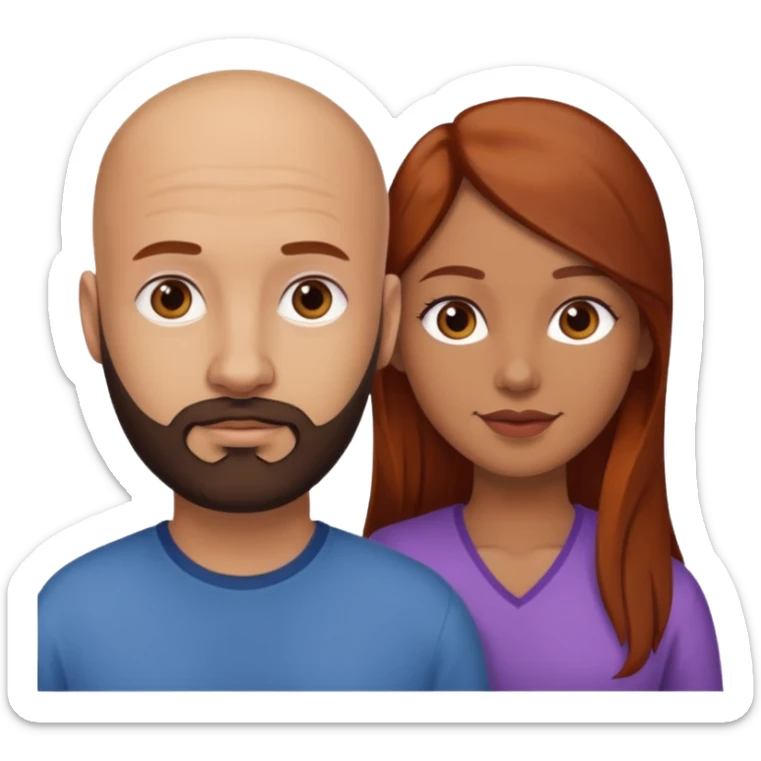 Couple. A bald man with dark brown beard and a girl with light skin. She is a redhead and has dark yellow brown auburn hair. Different skincolor. She has very light skin. sticker