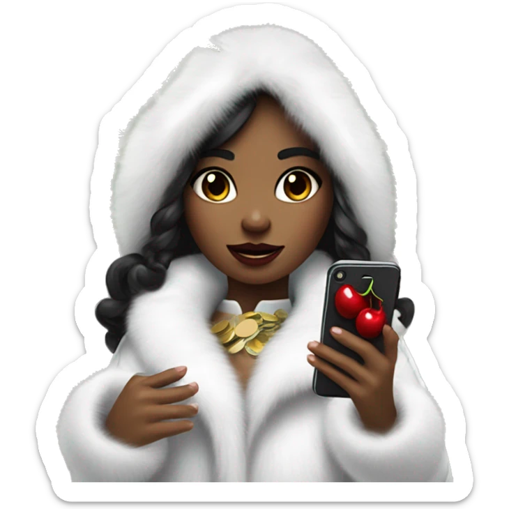 A girl in a white fur coat with dark hair with an iPhone in her hands with stickers in the form of cherries and money sticker