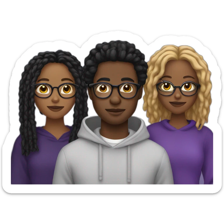 young Black male digital creator with glasses and black locs and purple sweatshirt holding two black women sticker