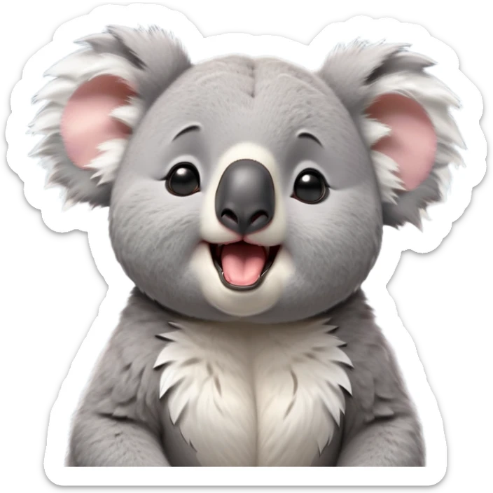 cinematic-cute-yawning-fluffy koala-portrait-emoji,-head-tilted-slightly-with-a-dramatic,-wide-open-yawn,-showcasing-a-soft,-downy-grey-fur-with-drooping-ears-and-round-eyes-barely-open-in-drowsy-contentment,-simplified-yet-irresistibly-adorable, realistic fluffy sticker