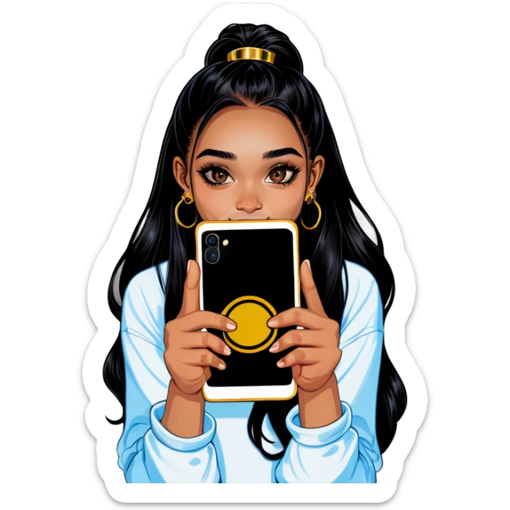 Beautiful young girl with dark choppy long hair flows as she holds her black phone with a gold septum ring that shines  sticker