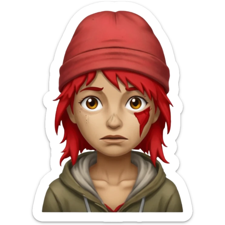 very dirty looking homeless woman with ripped red hat with ugly hair sticker