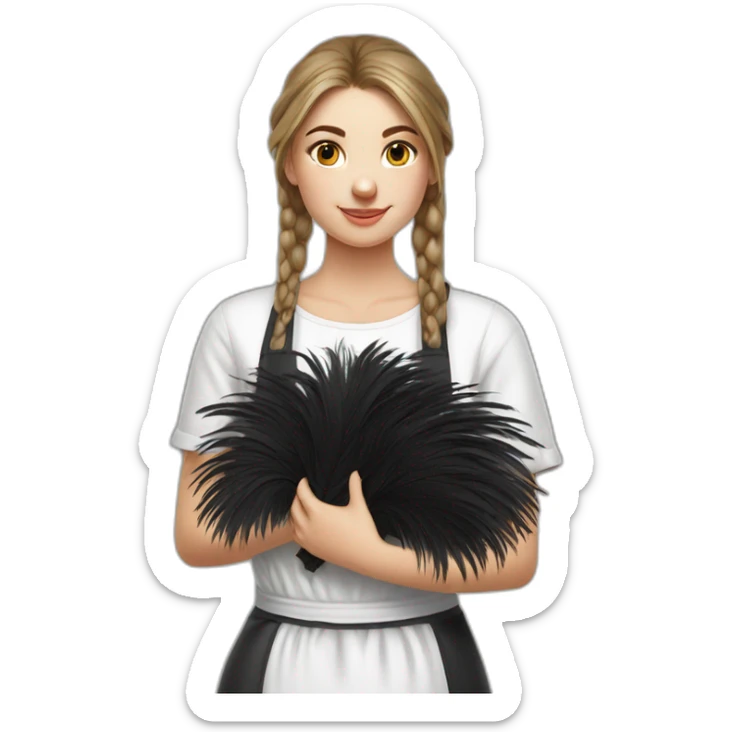 Slavic girl in a white T-shirt and a black apron holds ostrich feathers for dusting sticker