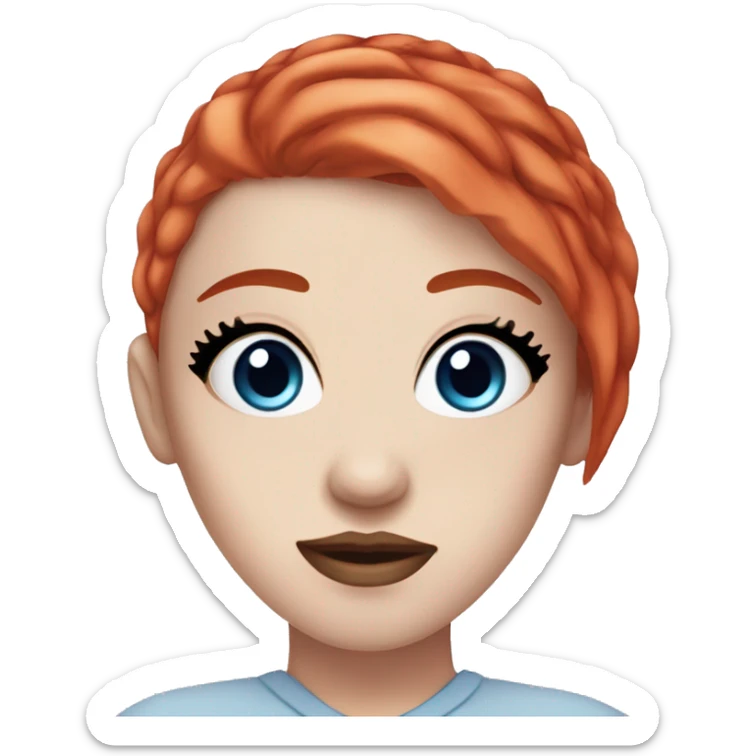 girl with pale white skin, dyed fire red hair, freckles, blue eyes, black eyebrows, and a nose septum piercing  sticker
