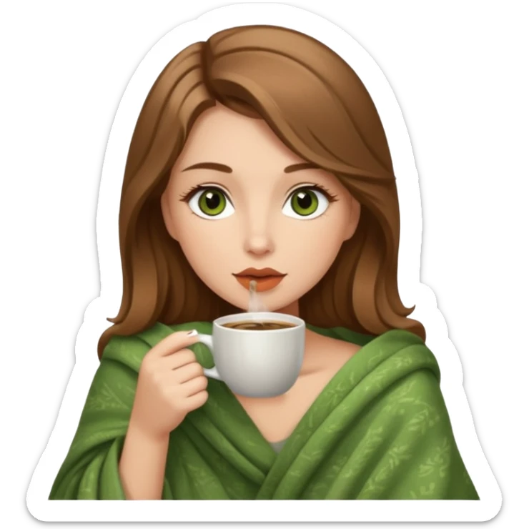 Brown hair with blonde strands, brown-green deer eyes, plump lips lady wearing light brown blanket drinking coffee  sticker