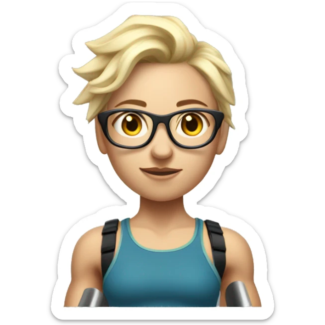 White Sports Girl with short spiky blonde hair glasses wearing shorts holding barbell on shoulders sticker