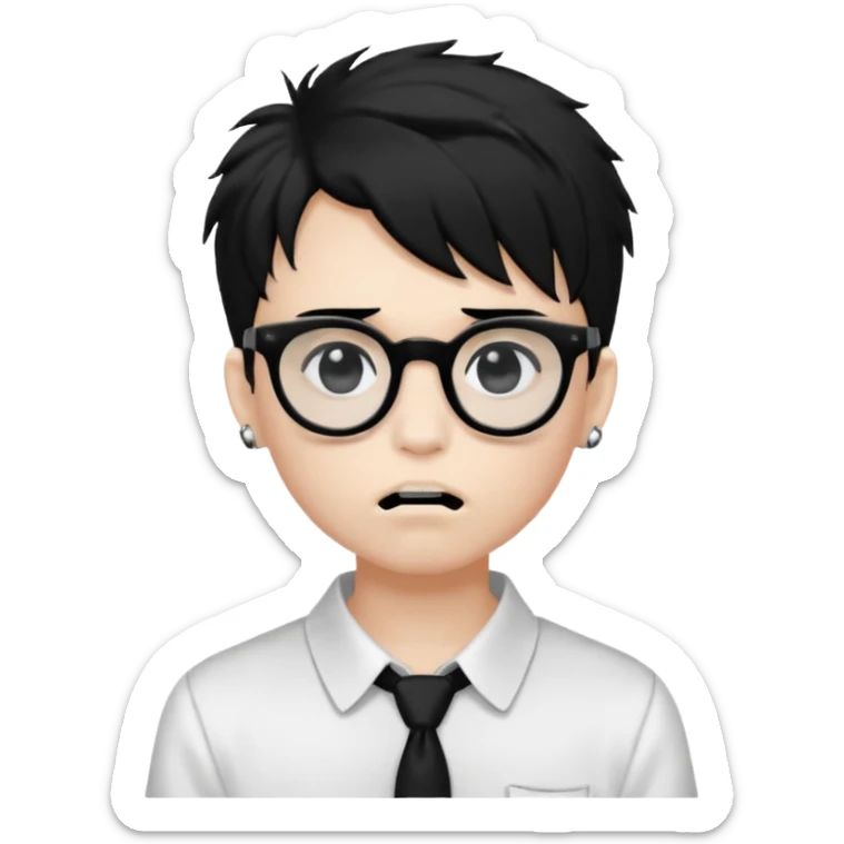 A boy with white skin, very black, medium and frayed hair, black eyes, black square glasses, white blouse and mouth piercing sticker