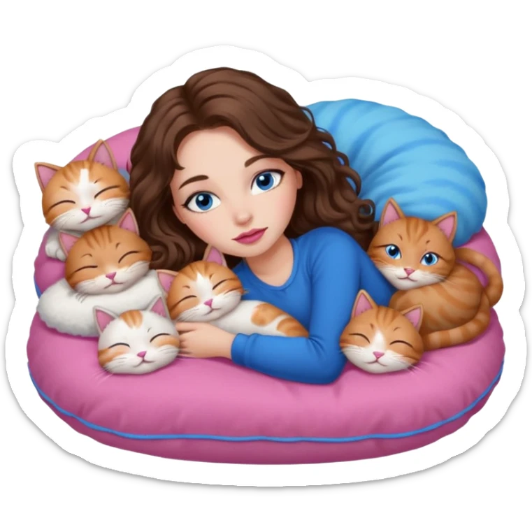 girl with long wavy brown hair, blue eyes, long lashes makeup, sexy pink lips, sleeping on a cozy pillow with 6 cats sticker