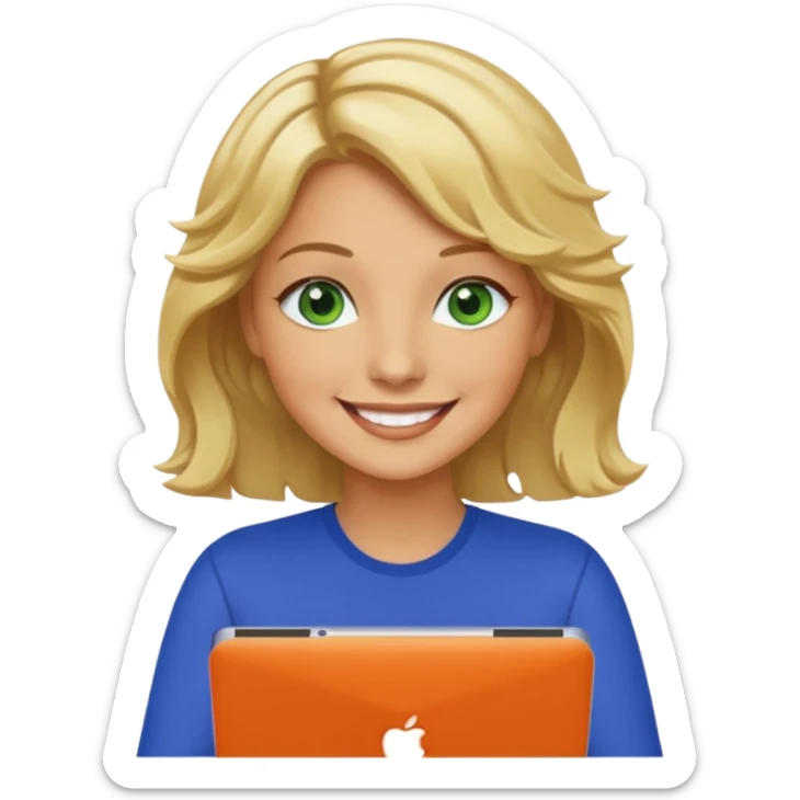 short wavy blonde hair tan skin teacher green eyes woman happy holding chromebook sticker