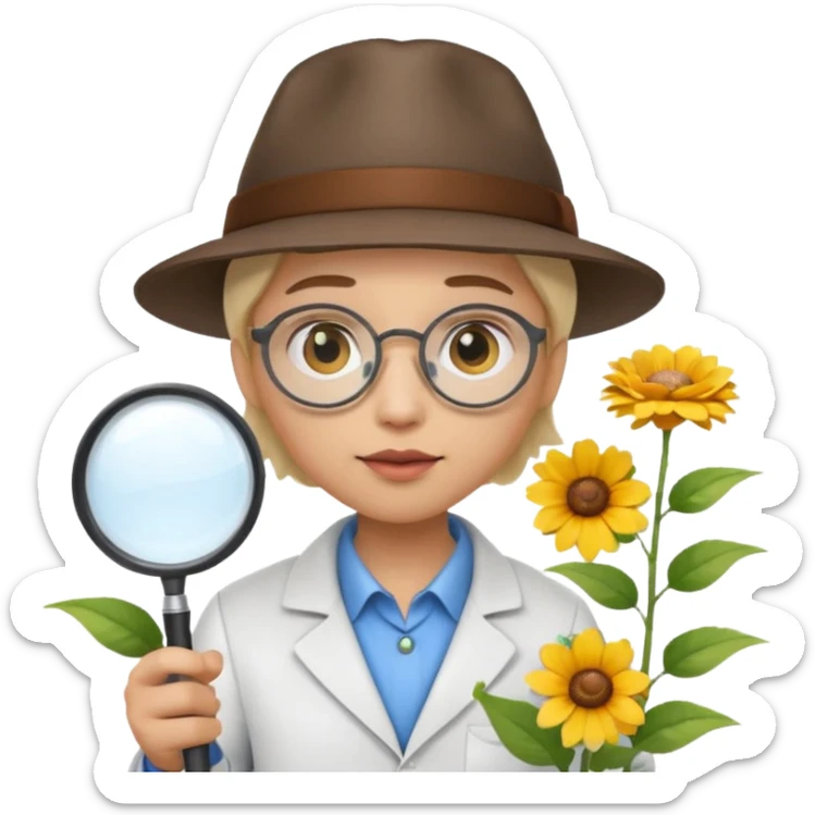 A 3D cartoon scientist wearing a hat and holding a magnifying glass close to bright flowers, curious expression, detailed Memoji-style realism.A 3D cartoon scientist wearing a hat and holding a magnifying glass close to bright flowers, curious expression, warm daylight. sticker
