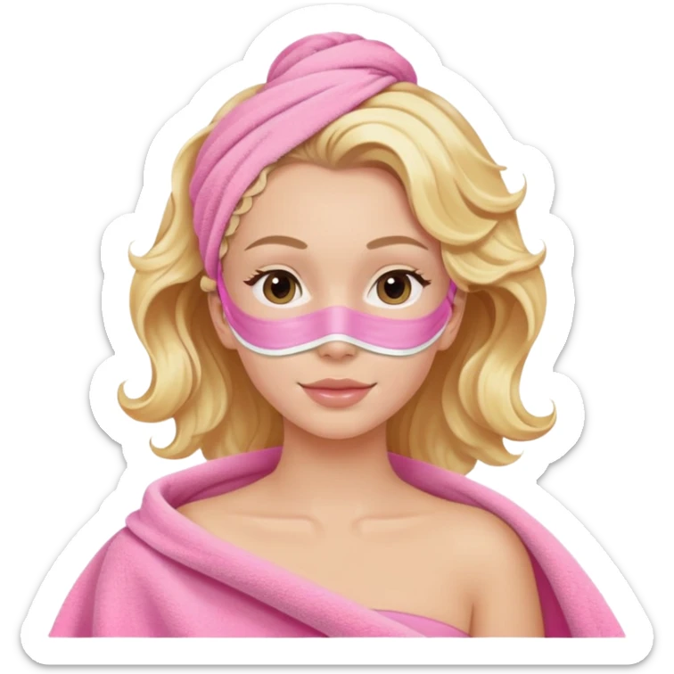 A white girl with blonde wavy hair in a pink towel with a spa face mask is relaxing sticker