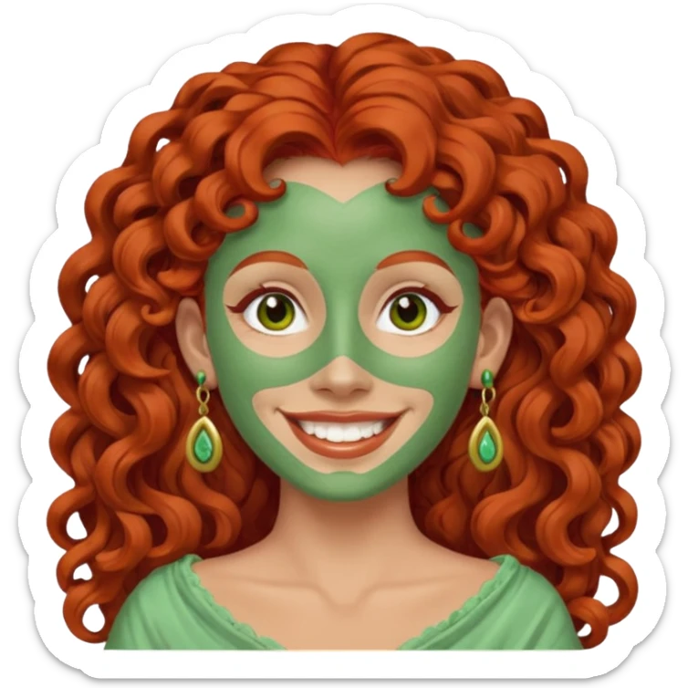 red haired very long curly haired woman with full face light green clay mask  and big earrings  sticker