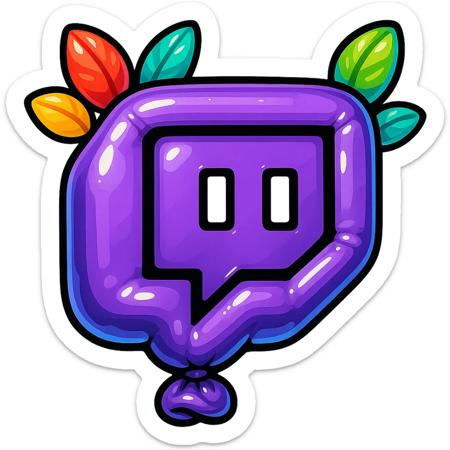 Chunky, smooth, and glossy Twitch logo, cartoon style, bold outline, strong shadows, bright highlights, decorated with colorful leaves, no background. Extra attention to contours and shine, in the style of the reference image, but even more rounded. sticker