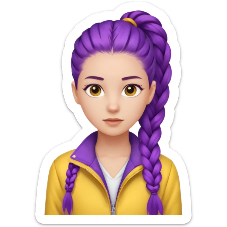 a beautiful girl face, long purple high pony single braided hair from the forehead, wearing a white shirt and a yellow jacket sticker