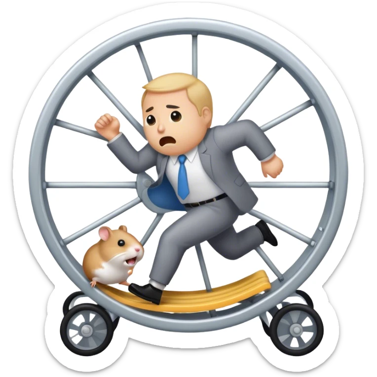 "Create an emoji of a stressed-out agency owner or coach, running on a hamster wheel, chasing after clients with desperation. The character looks frustrated and tired, symbolizing unpredictable income."

 sticker