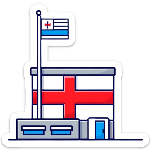 Modern hospital with Thai flag prominently displayed, medical symbol, flag with red white blue stripes sticker