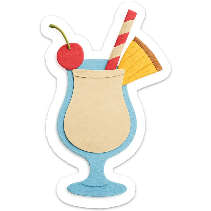 pina colada glass with a cherry, pineapple wedge, and paper straw, vibrant colors in paper-craft style sticker