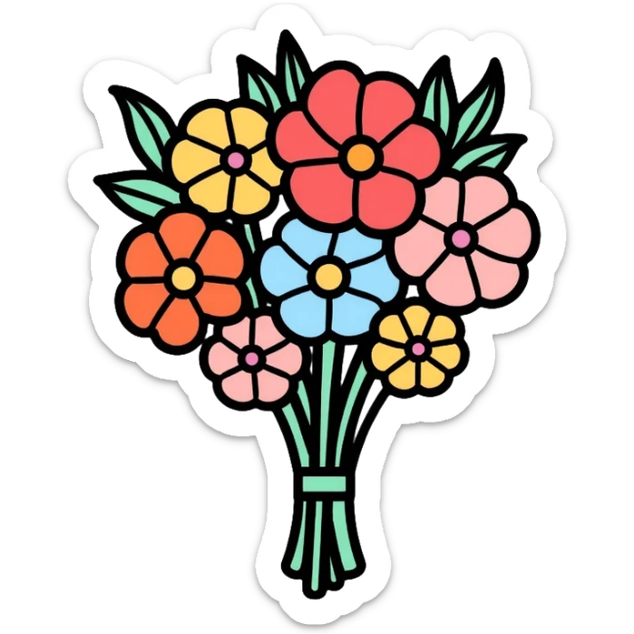 bouquet of flowers with various colorful flowers tied together sticker