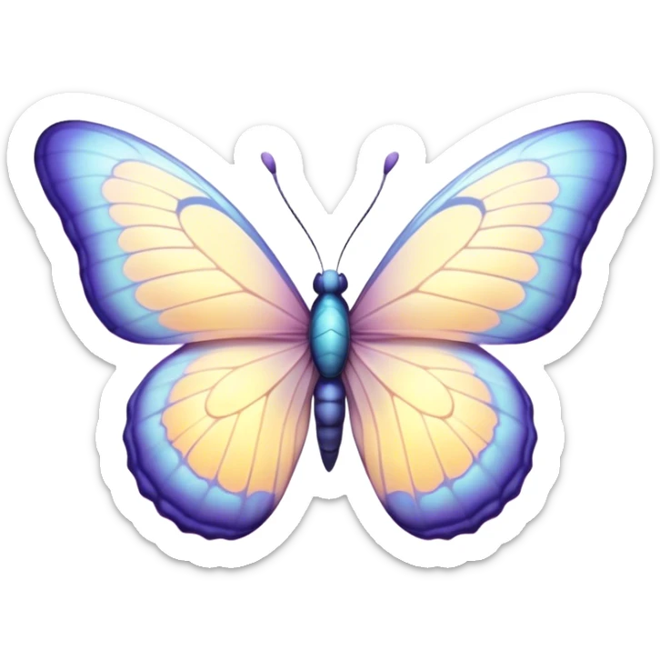 Beautiful and Majestic Butterfly Portrait Emoji, Head and body rendered in serene repose with a gentle, content smile, showcasing a delicately patterned form with softly shimmering wings and eyes peacefully closed in tranquil repose, Simplified yet exquisitely endearing features, highly detailed, glowing with a soft, drowsy pastel light, high shine, relaxed and utterly noble, stylized with an air of timeless natural beauty, soft glowing outline, capturing the essence of a majestic butterfly that embodies the pure enchantment of nature! sticker
