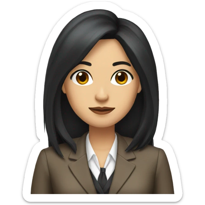 Female defense attorney with long black hair with brown suit sticker