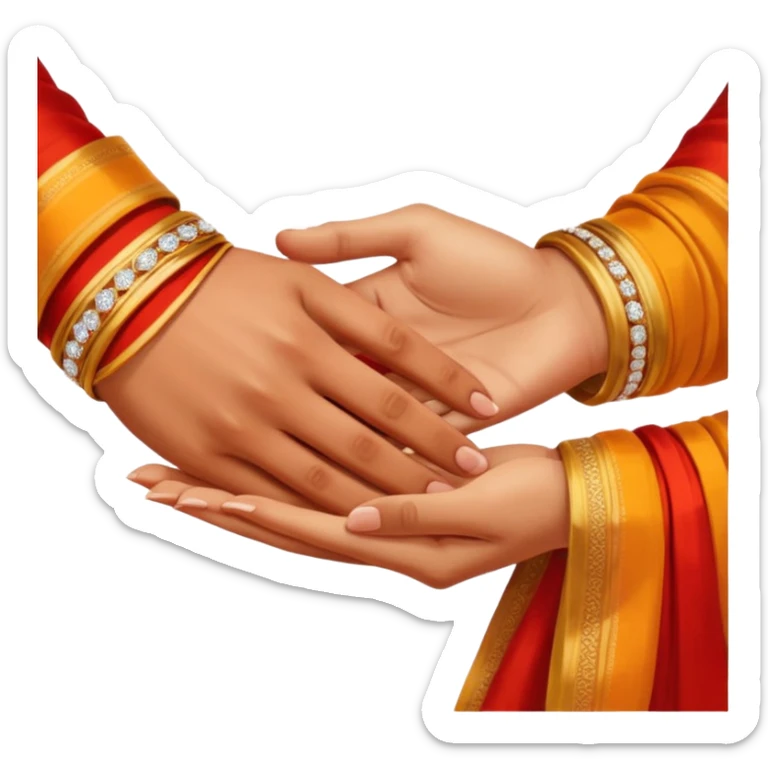 Two hands in a engagement..One hand of groom and one hand of bride. Bride hand - red/yellow saree. groom- light orange punjabi (oonly hands will be visible in the image) sticker