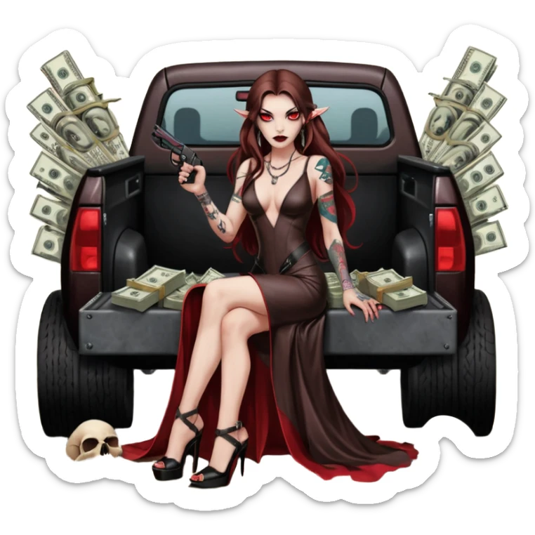 Lilith symbol red eye seductress evil long brown haired sexy succubus woman with leather long dress with slit, sitting in Big Large F350 pickup truck. Black Platform high heels on feet. Tattoo sleeve arms, seat full of stacks of cash, and a man dead human skull of her enemies and a gun in other hand sticker