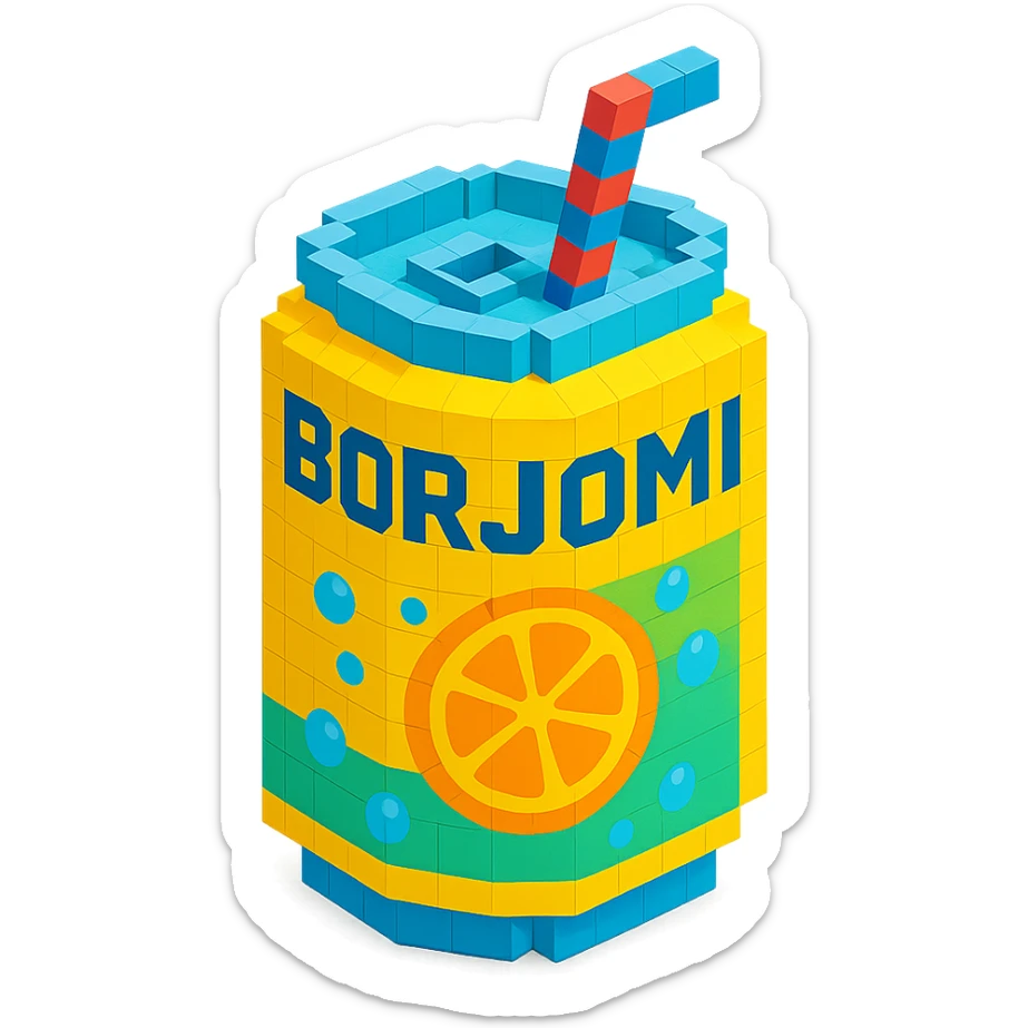 Borjomi lemonade can with a playful design, including bubbles and a straw sticker