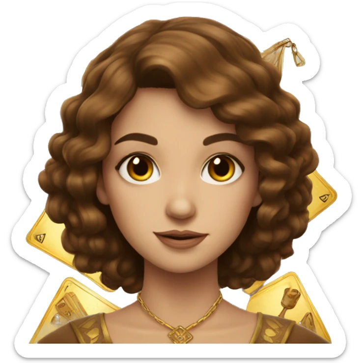 Brown hair beautiful girl with brown tarot gold cards sticker